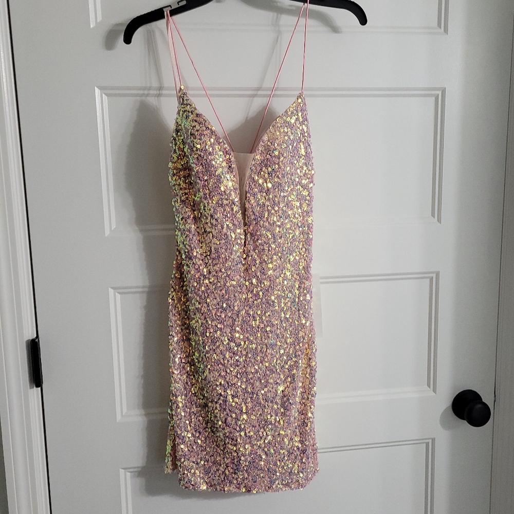 PromGirl Blush Multicolor Sequin Short Prom Dress
